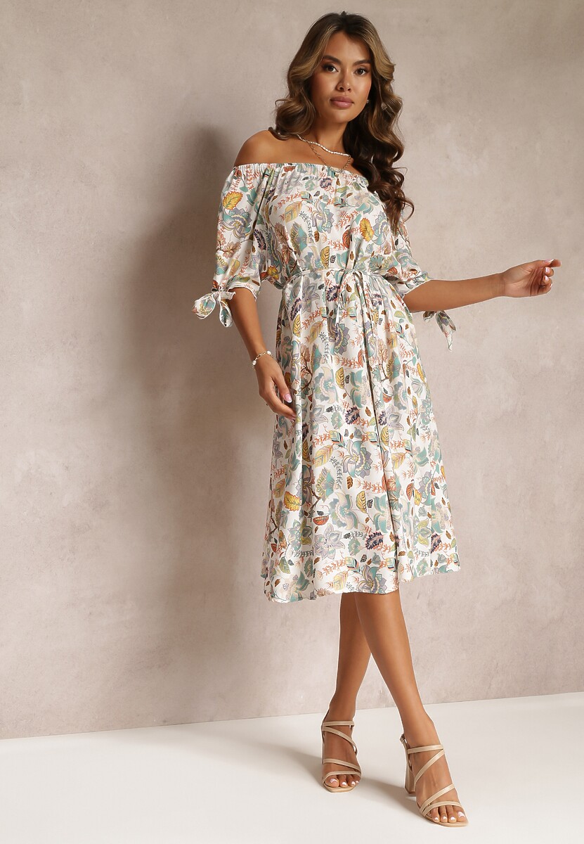 Rochie midi din viscoză bej-verde cu decolteu spaniol și mâneci decorative Ahnesa 1