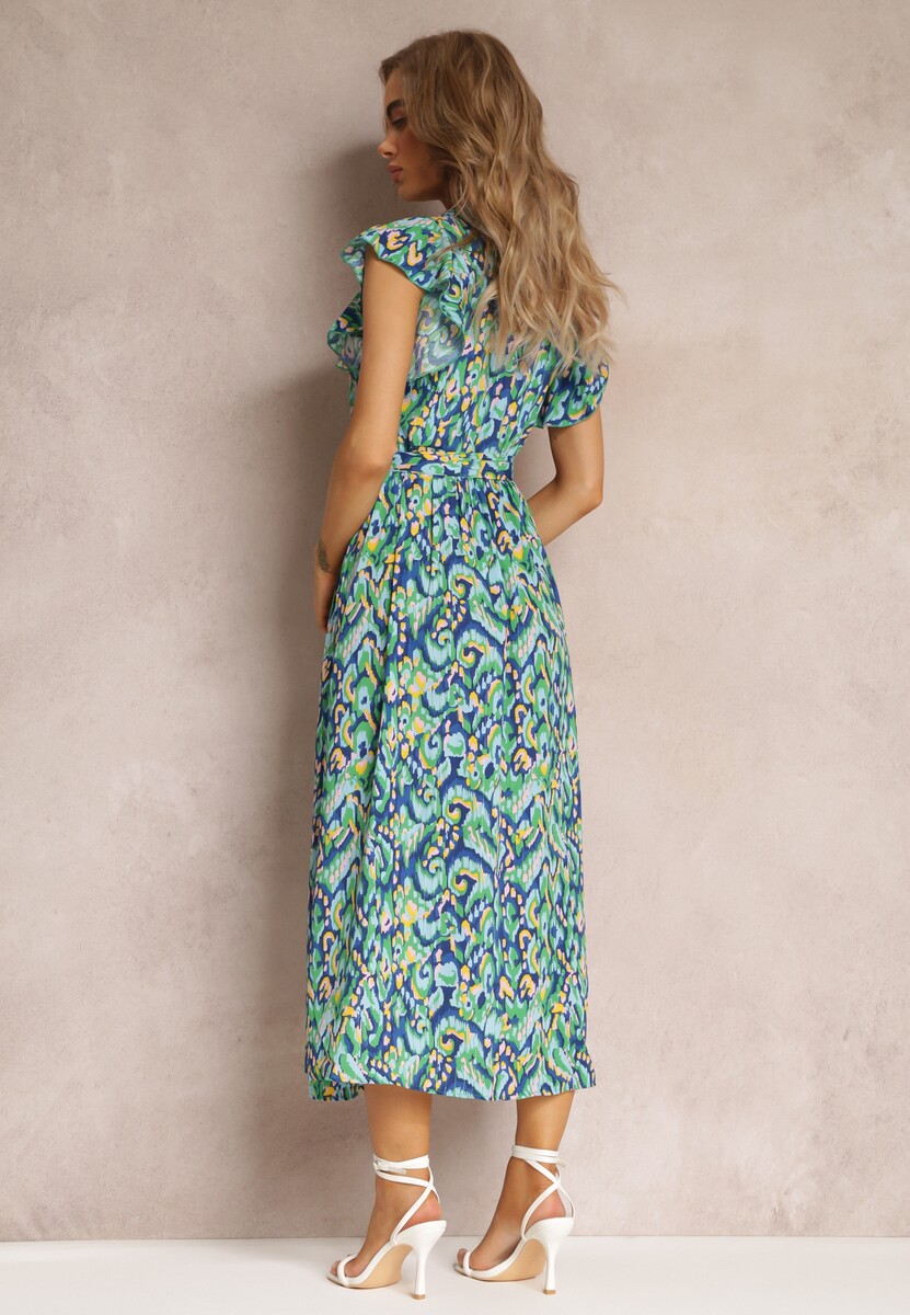 Rochie Maxi Neagră-Verde Cloș cu Fir Metalic și Curea Lată Xisa 3
