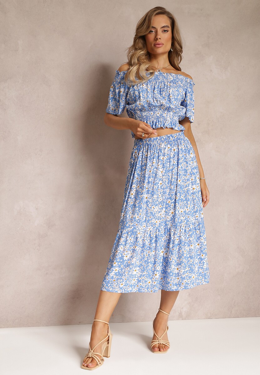 Niebieski Bawełniany 2-Częściowy Komplet z Hiszpańskim Dekoltem w Kwiaty Sassein 2