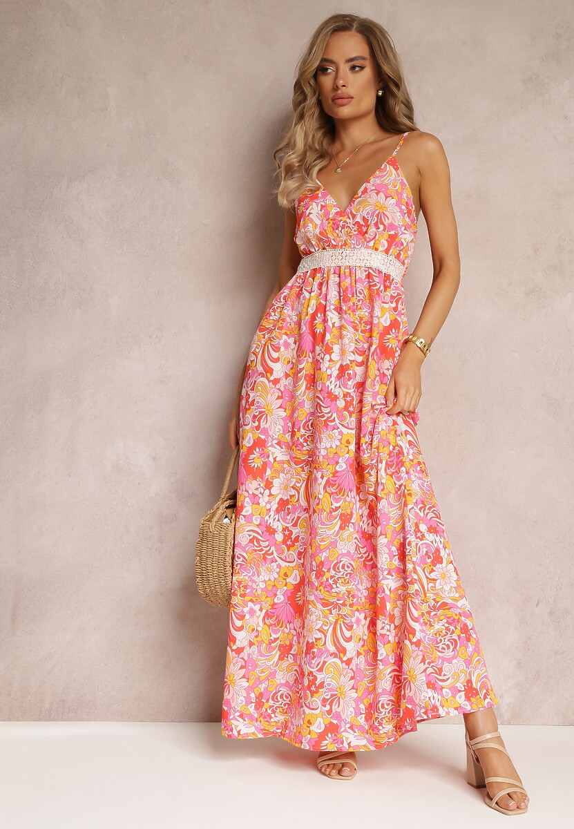 Rochie maxi cloș roșu-roz cu bretele Blakela 1