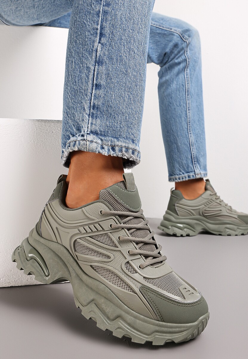 Zielone Sneakersy przed Kostkę na Grubej Podeszwie Maneh 1