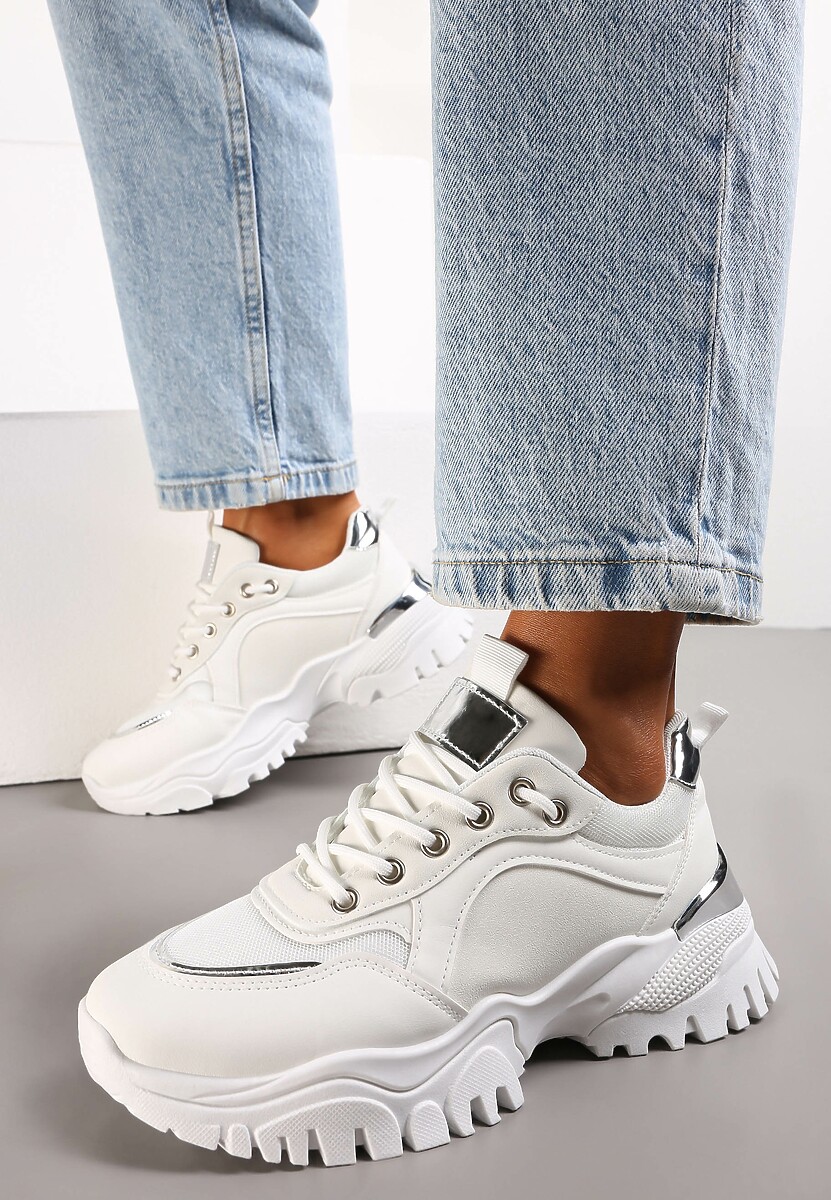 Białe Sznurowane Sneakersy z Metalicznym Wstawkami na Grubej Podeszwie Nadre 2