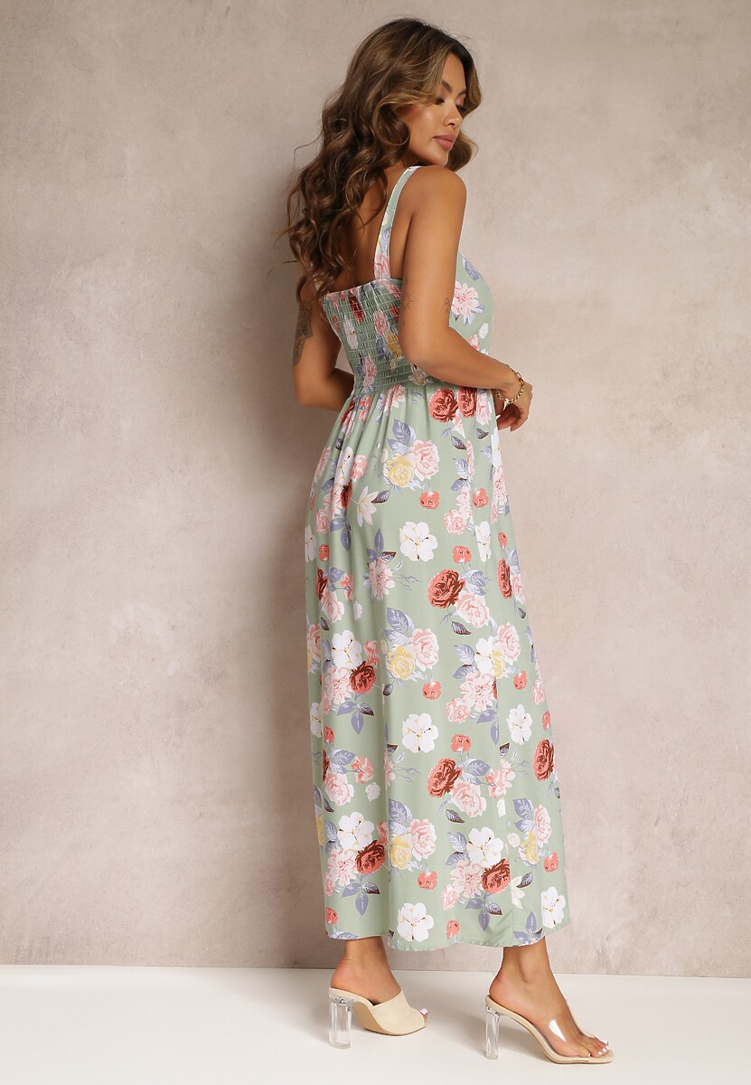 Rochie Verde Maxi cu Flori cu Talia evazata cu Bretele Aletaina 3