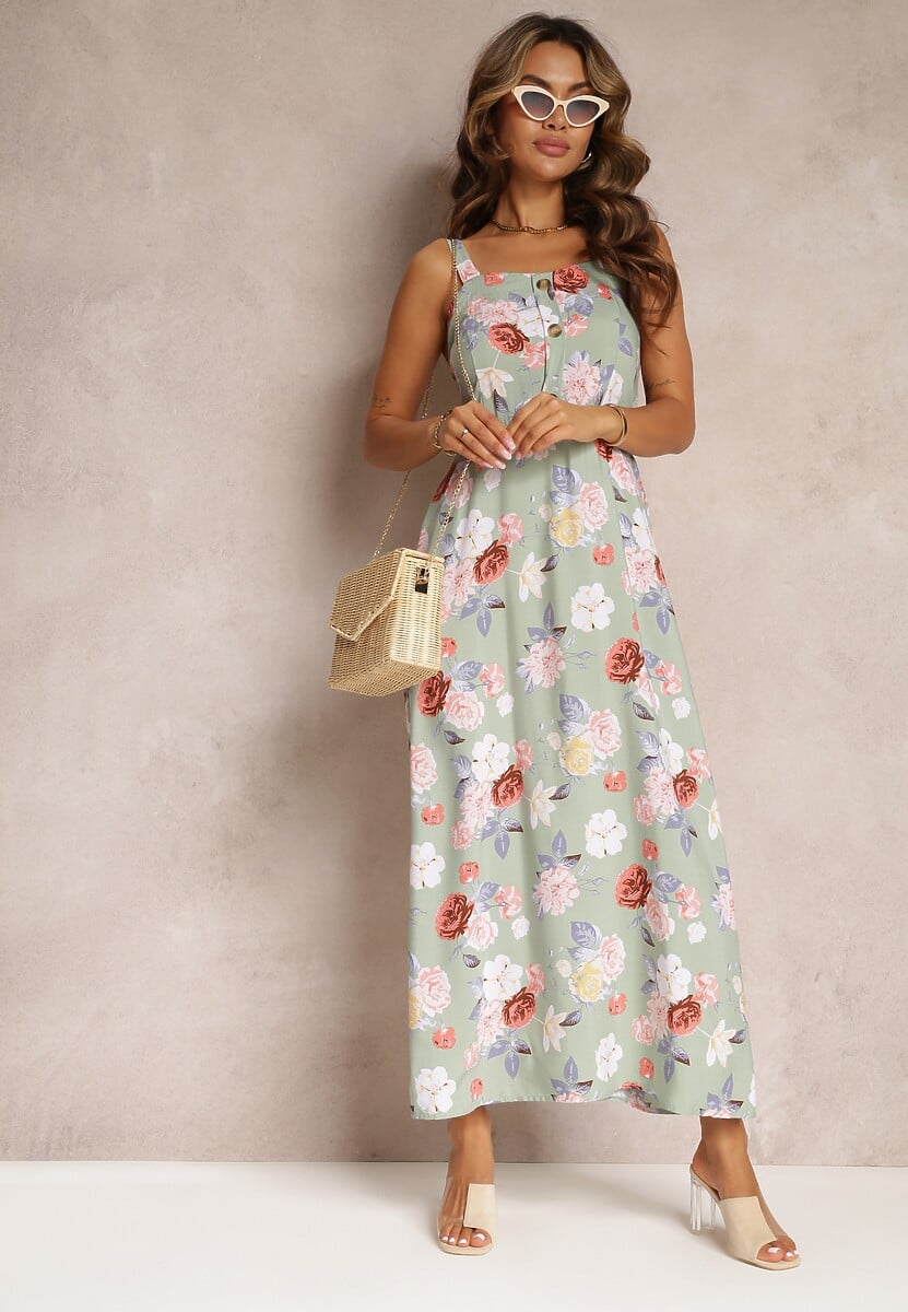 Rochie Verde Maxi cu Flori cu Talia evazata cu Bretele Aletaina 2
