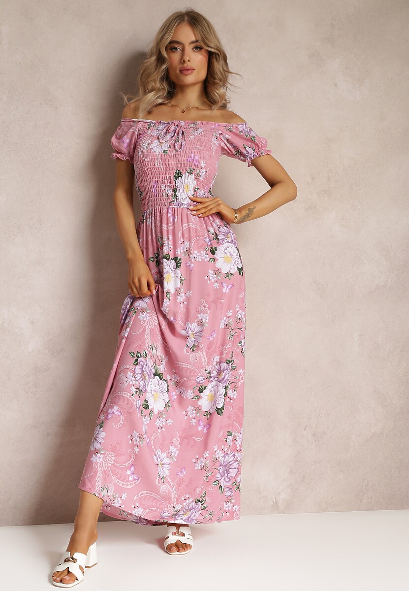 Rochie Maxi Roz cu Decolteu Ornat și Bretele Subțiri Nesaina 1