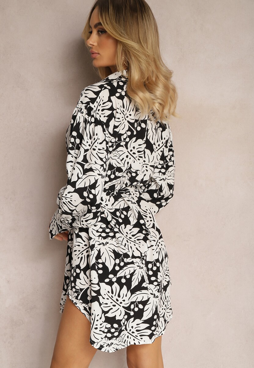 Rochie Mini Alb-Negru Cu Croi Cloș Tip Cămașă Cu Imprimeu Floral Enda 3