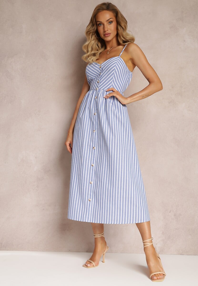 Rochie midi albastră în dungi cu nasturi Eimam 2