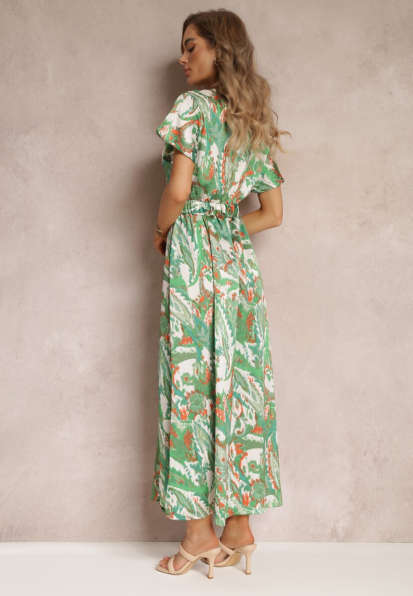Zielona Rozkloszowana Sukienka Maxi z Gumką w Talii i Materiałowym Paskiem Tivia 3