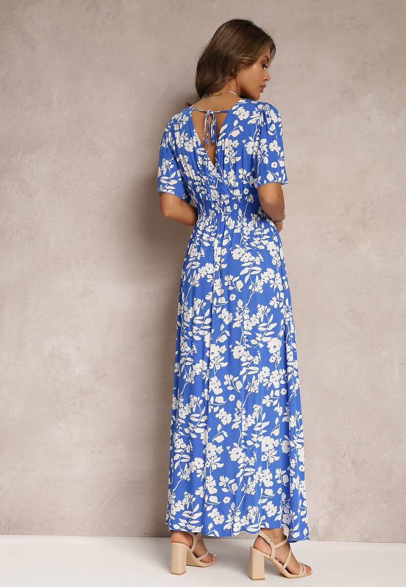 Rochie maxi bleumarin tip plic cu elastic în talie și legătură la spate Dangela 3
