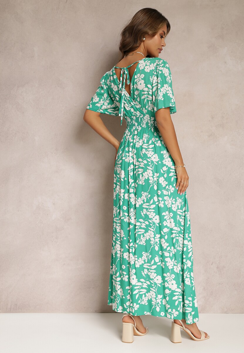 Rochie Verde tip Plic Maxi cu Elastic în Talie și Fundă la Spate Dangela 3