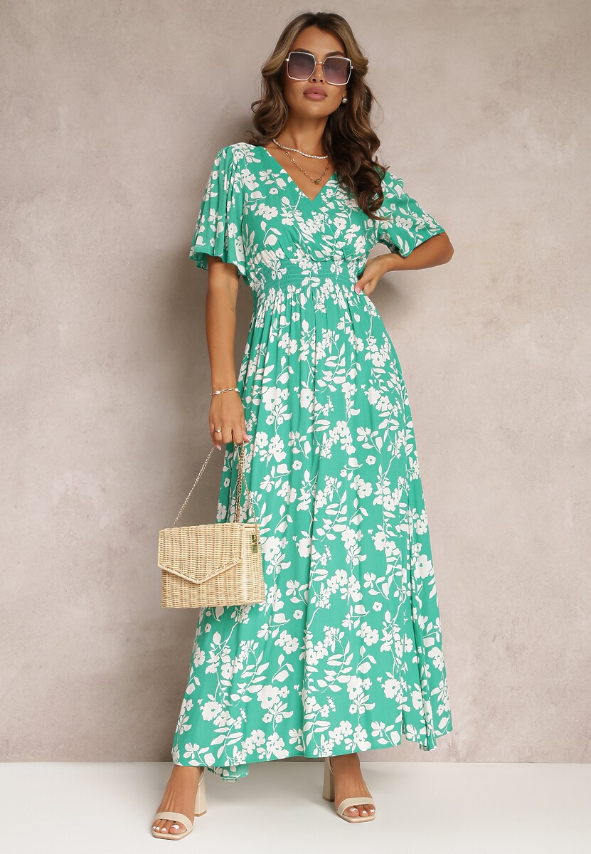 Rochie Verde tip Plic Maxi cu Elastic în Talie și Fundă la Spate Dangela 2