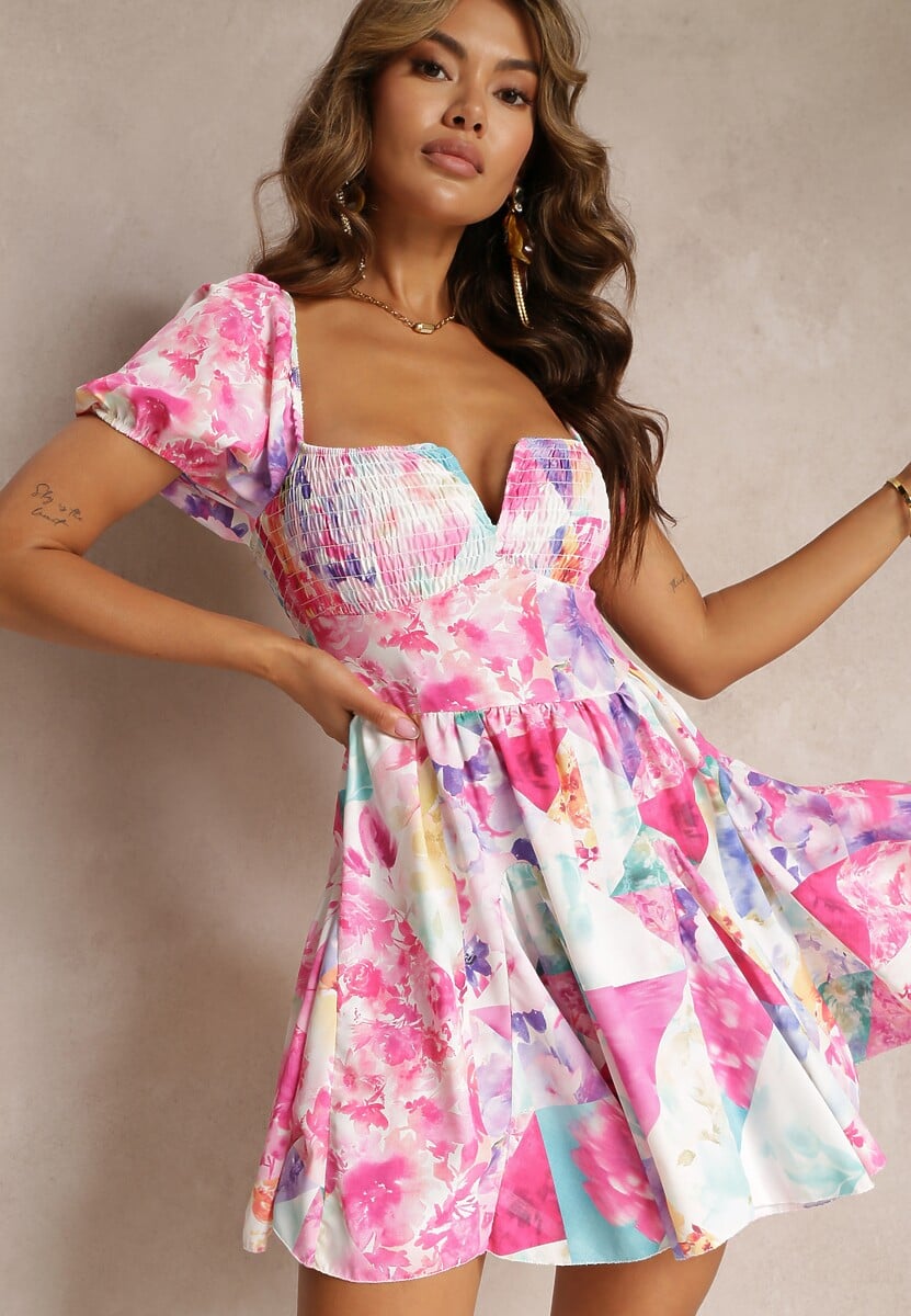 Rochie mini evazată fuchsia cu mâneci scurte și benzi subțiri elastice Evelilles 1
