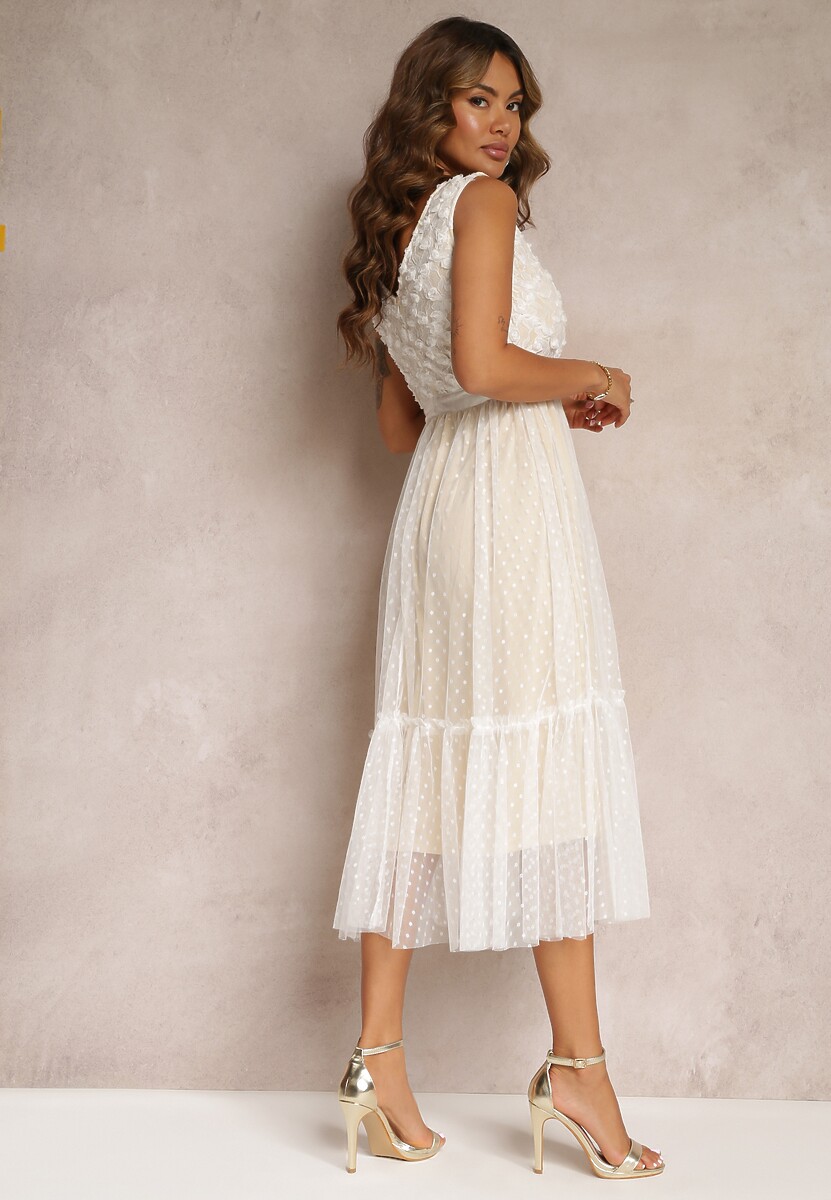 Rochie midi albă cambrată cu plasă decorativă Celerise 3
