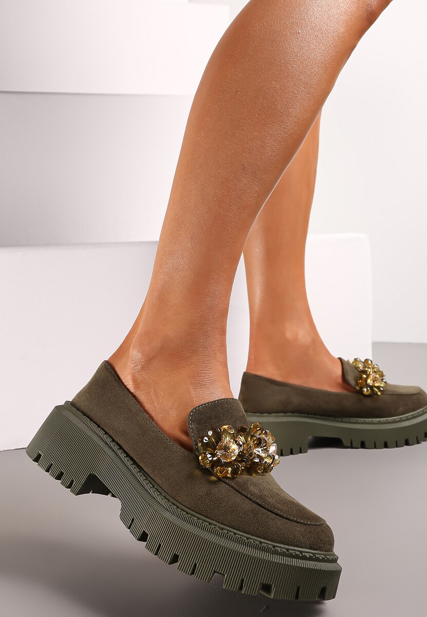 Zielone Mokasyny z Kryształkami na Grubej Podeszwie Kimza 1