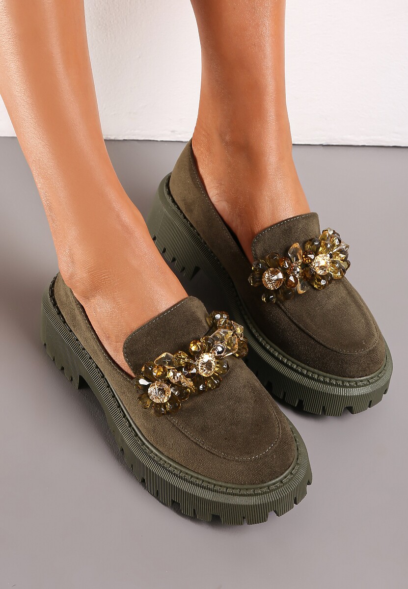 Zielone Mokasyny z Kryształkami na Grubej Podeszwie Kimza 2