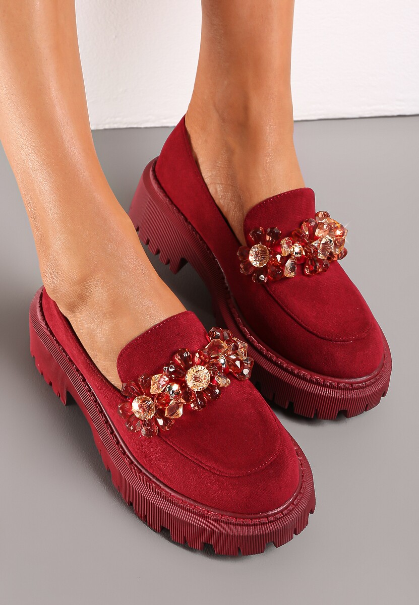 Bordowe Mokasyny z Kryształkami na Grubej Podeszwie Kimza 2