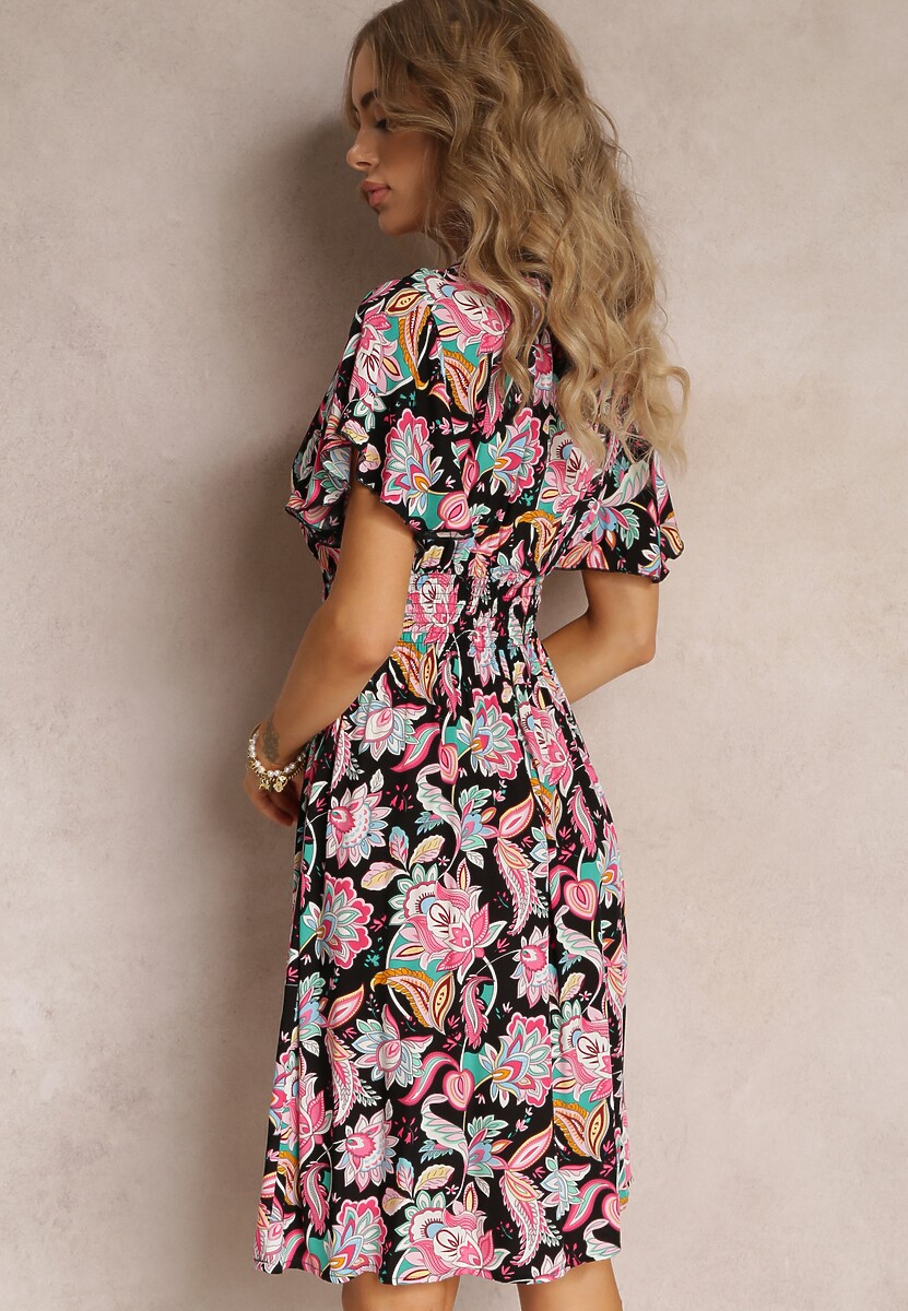 Rochie Neagră-Roz din Viscoză cu Flori Sdile 3