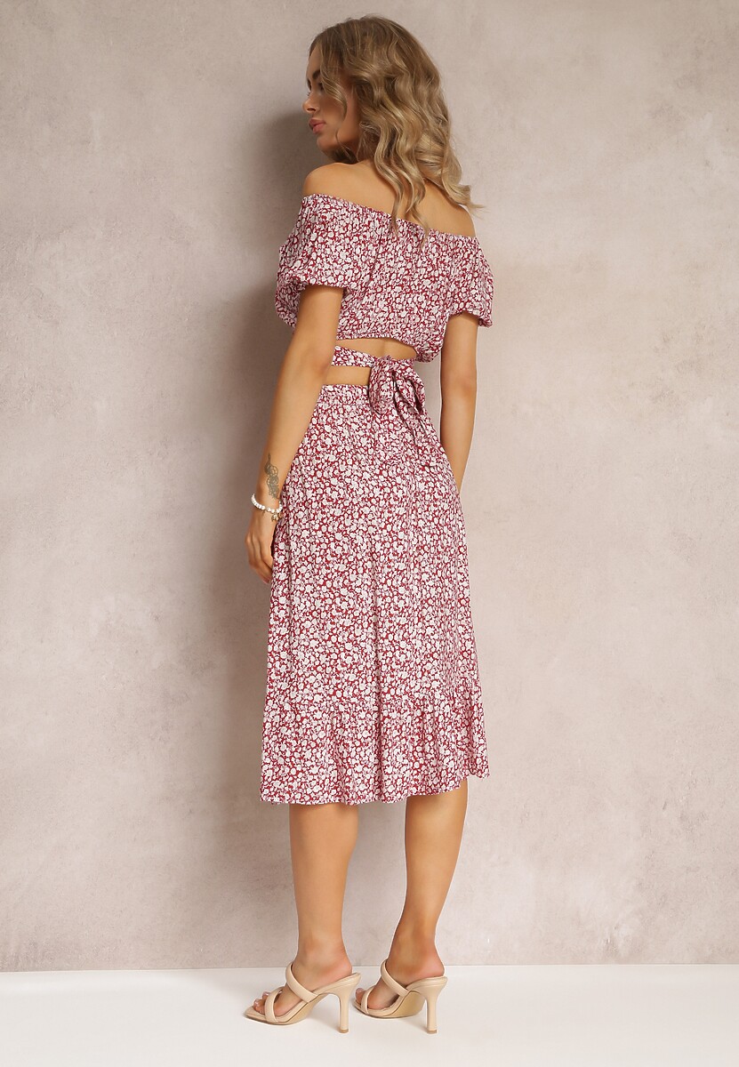 Czerwony Komplet 2 Częściowy w Kwiaty Top i Spódnica Darcione 3