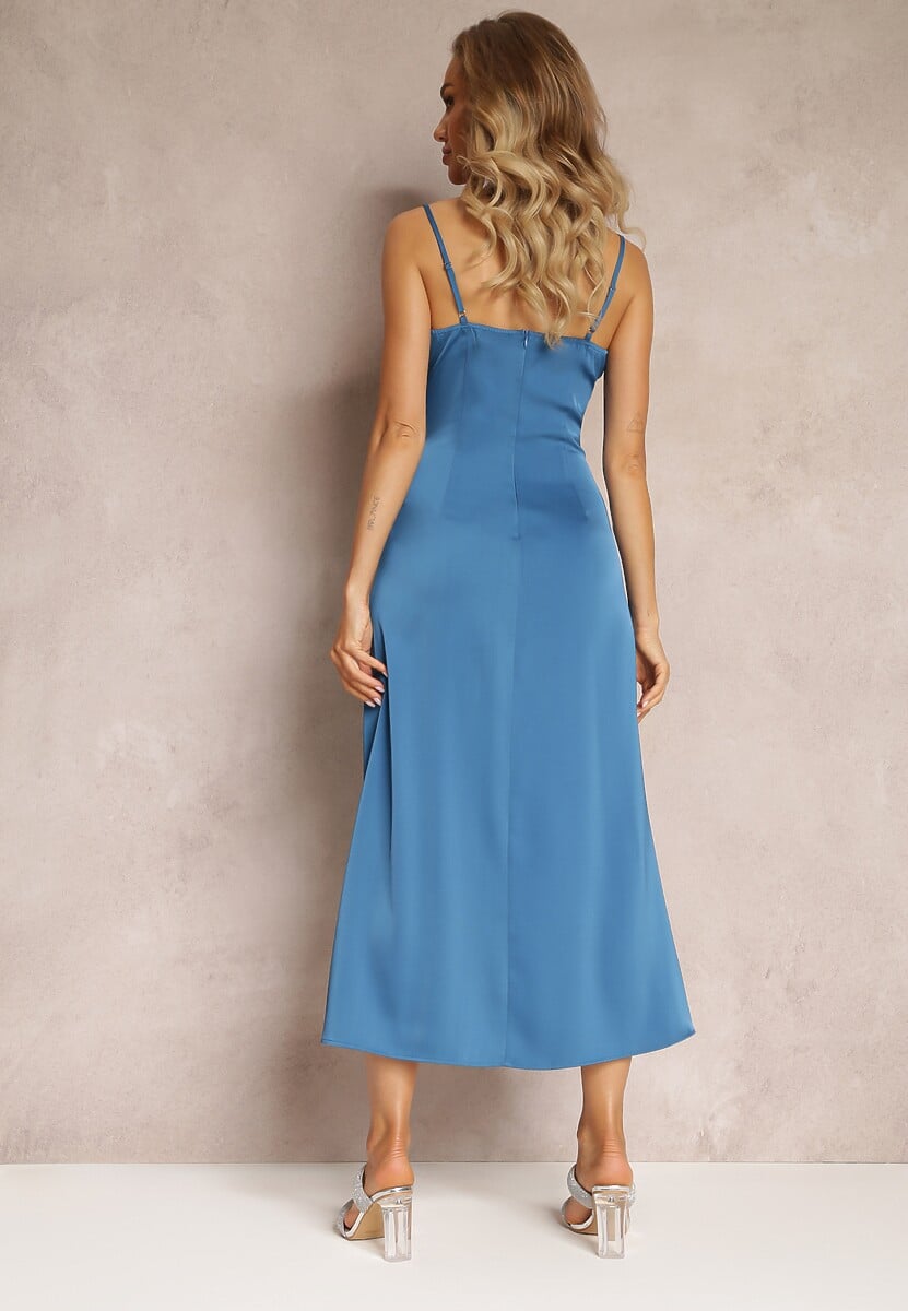 Rochie maxi bleumarin cu croială cambrată cu bretele subțiri și crăpătură Samiksa 3