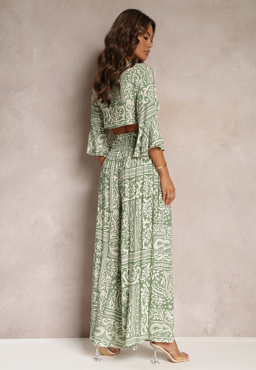 Verde 2-Piese Costum Bumbac cu Jachetă Scurtă și Pantaloni Largi Jeniah 3