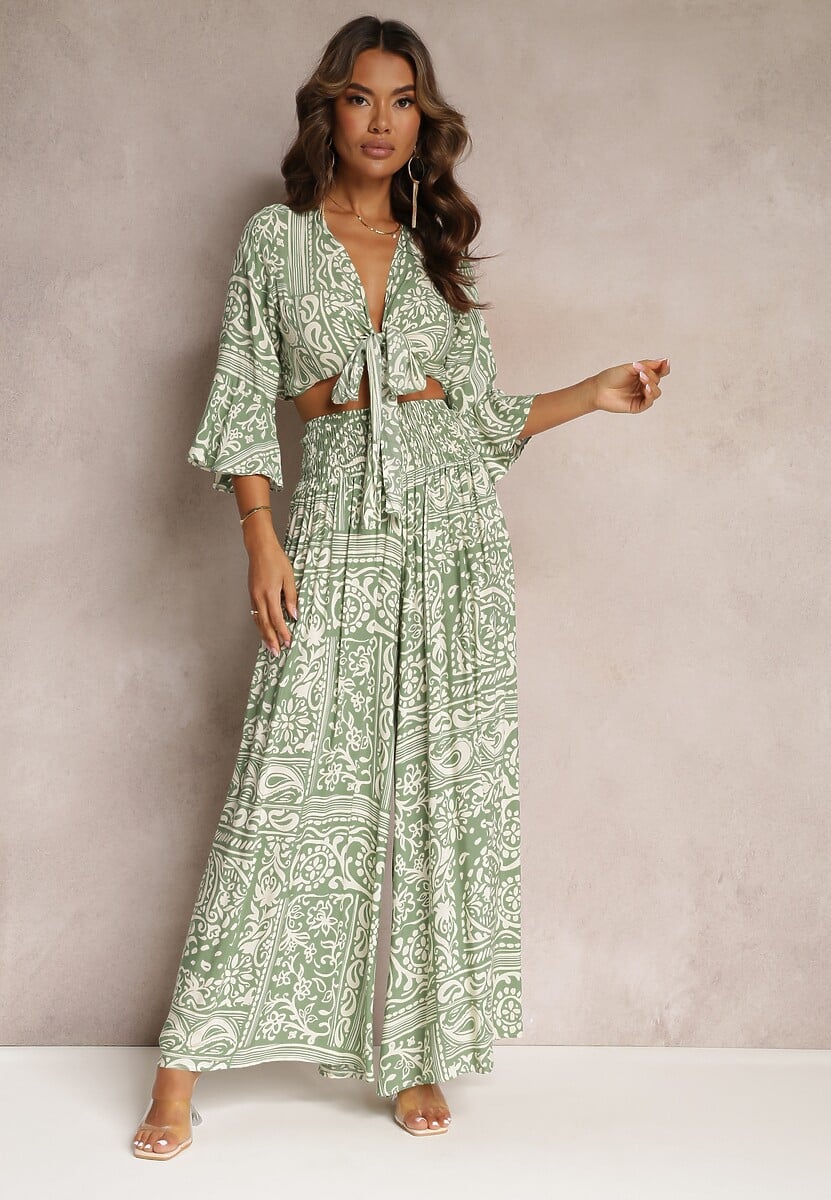 Verde 2-Piese Costum Bumbac cu Jachetă Scurtă și Pantaloni Largi Jeniah 2