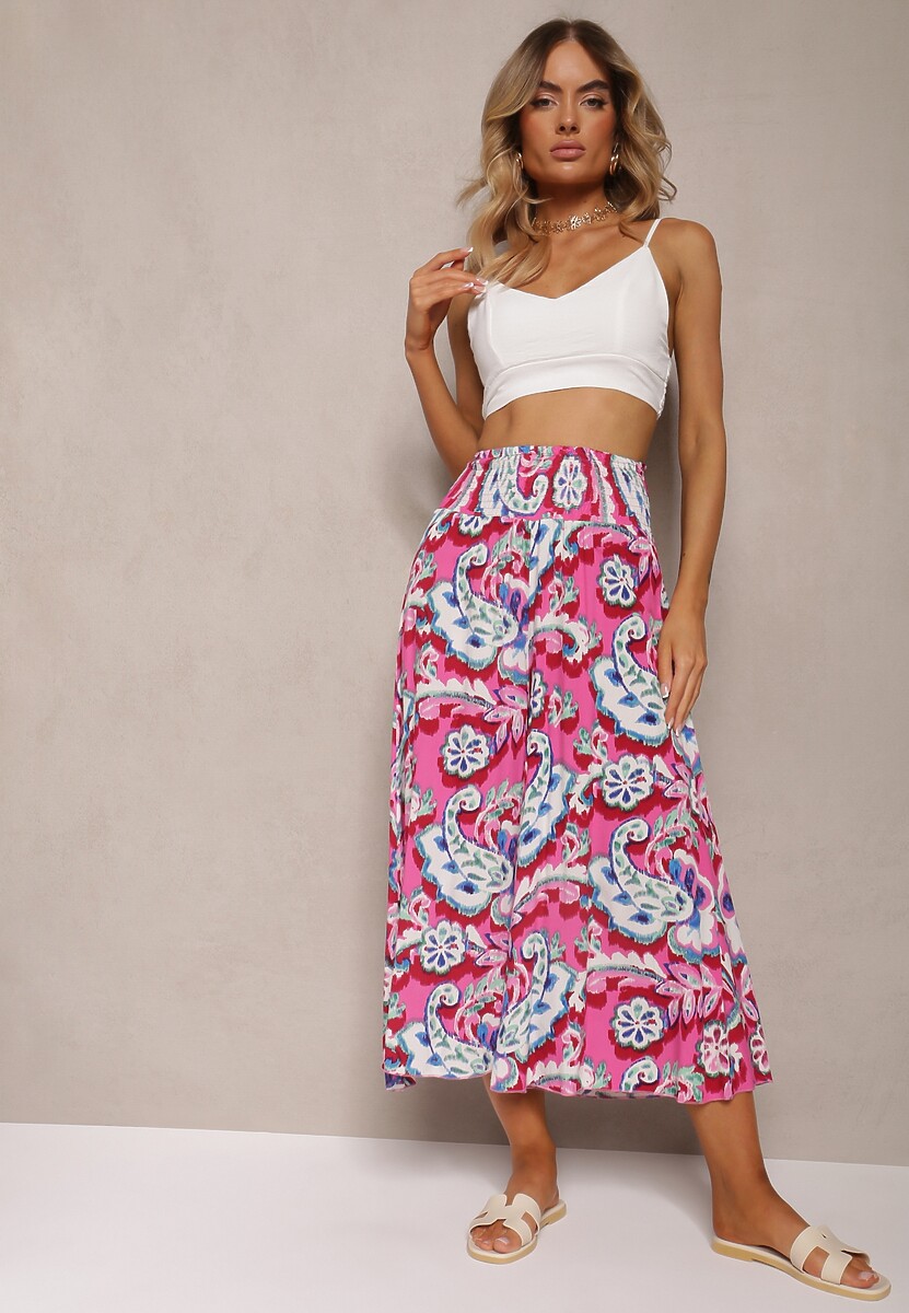 Pantaloni Largi Roz-Albastru din Viscoză cu Model Ornamental Ulionea 1
