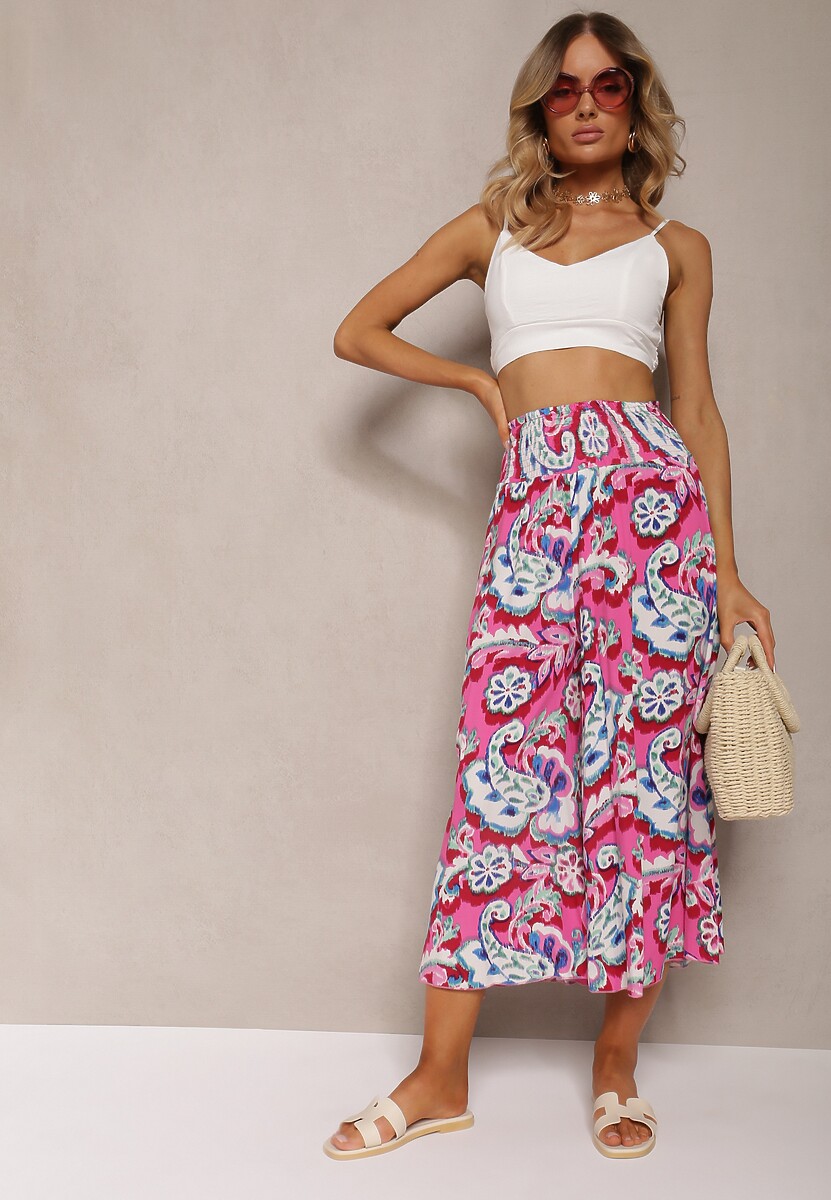 Pantaloni Largi Roz-Albastru din Viscoză cu Model Ornamental Ulionea 2