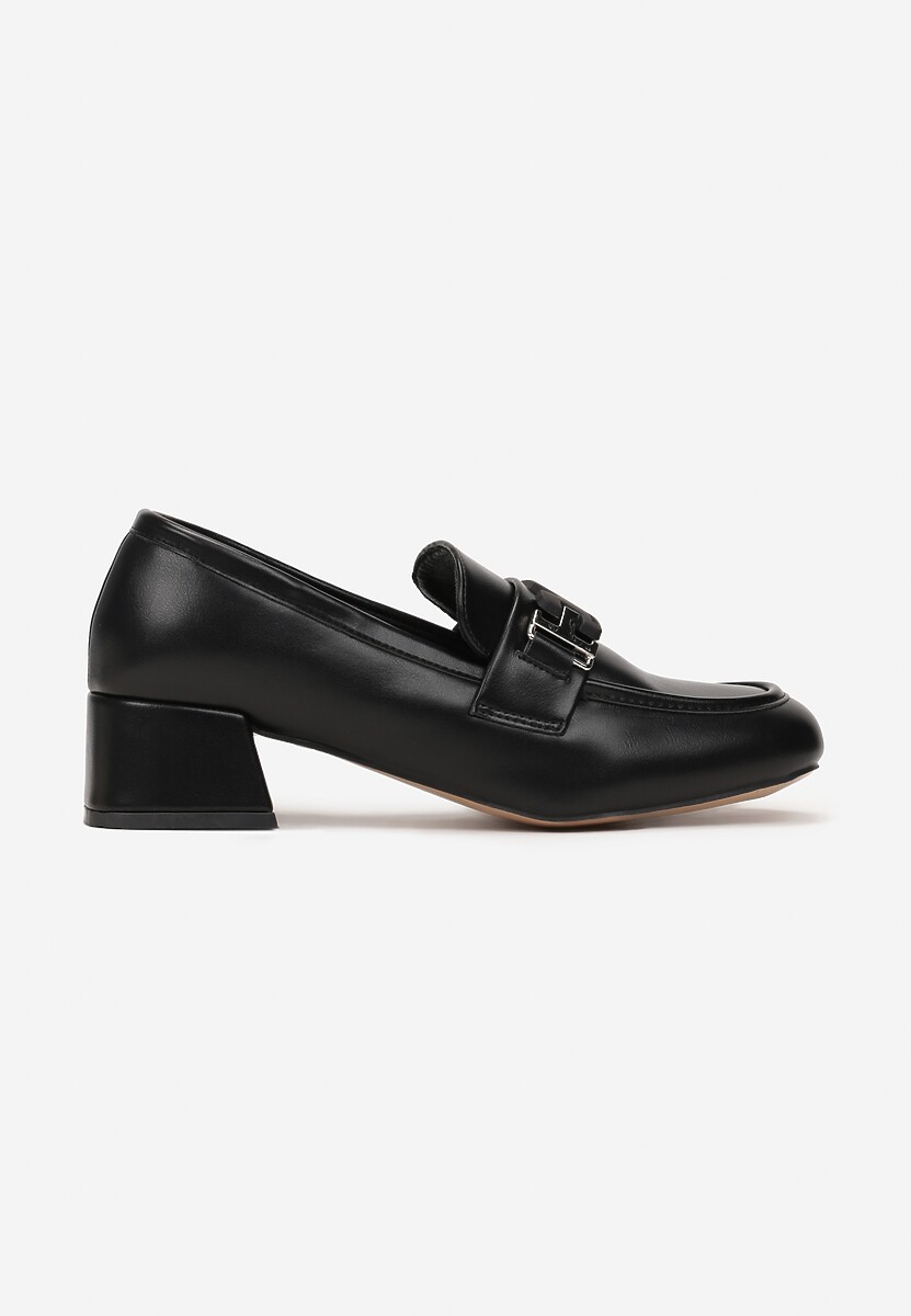 Mocasini Negri cu Toc Scurt Brant din Piele și Ornament Metalic Hypephone 3