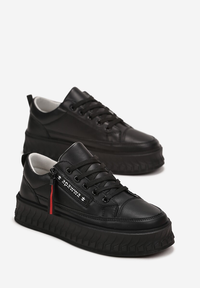 Czarne Buty Sportowe Sneakersy na Żłobionej Platformie ze Skórzaną Wkładką Oilitana 2