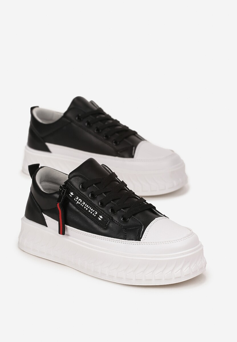Czarno-Białe Buty Sportowe Sneakersy na Żłobionej Platformie ze Skórzaną Wkładką Oilitana 2