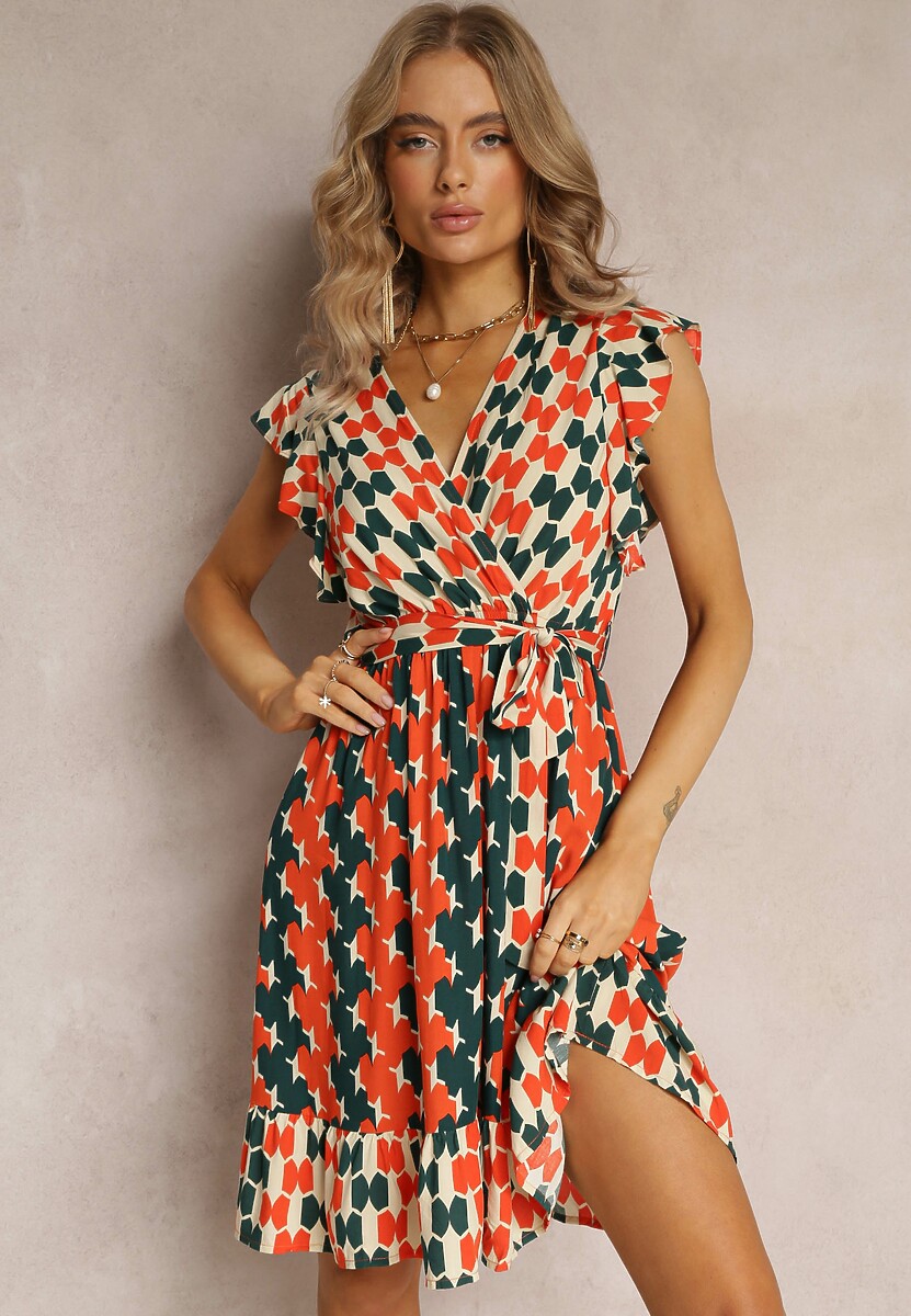 Pomarańczowa Midi Sukienka o Rozkloszowanym Fasonie w Geometryczny Wzór z Falbankami Airon 1