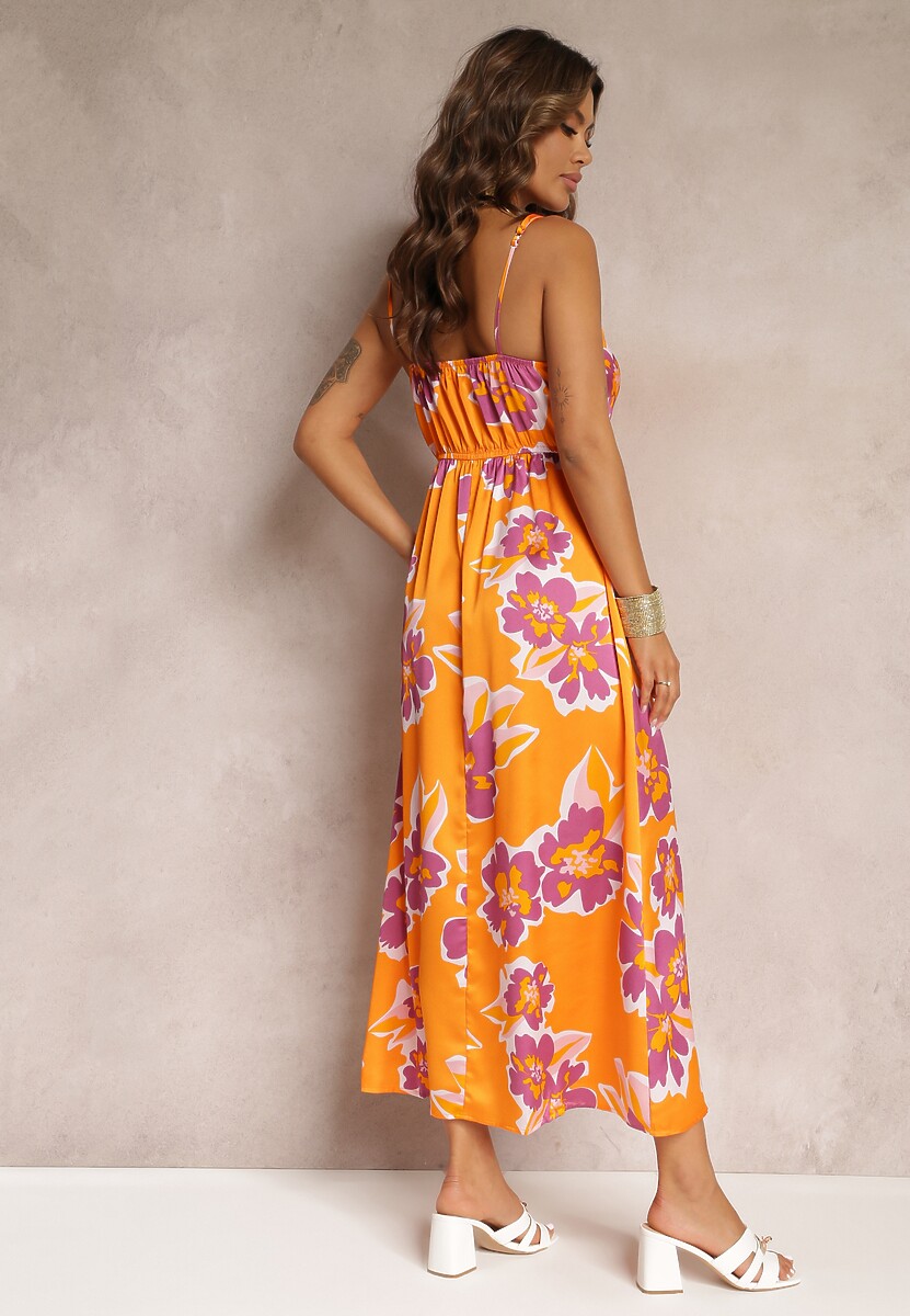 Rochie Maxi Satinată Portocalie cu Imprimeu Floral și Aplicație la Decolteu Benna 3
