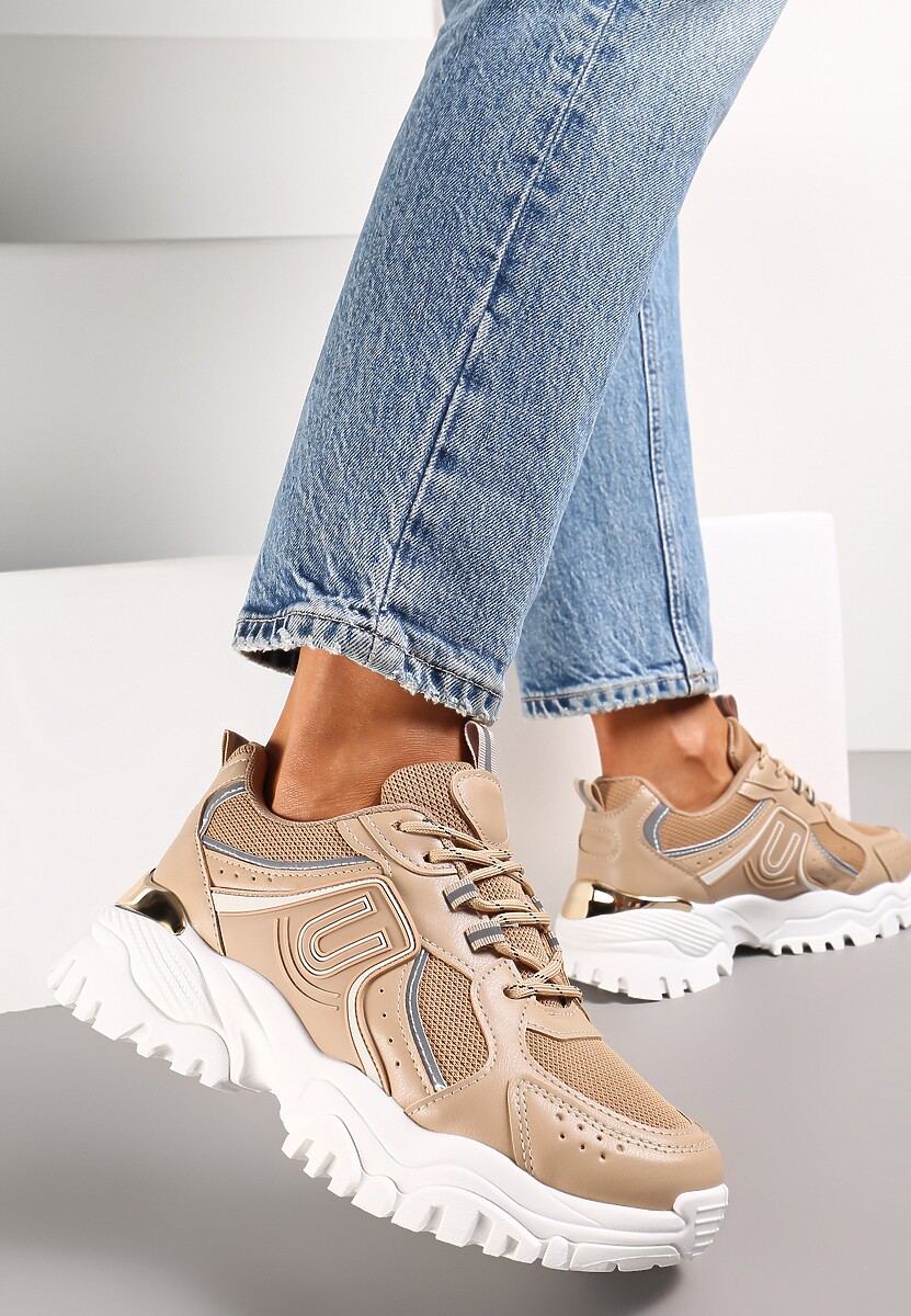 Sneakers Bej Închis cu Talpă Groasă Inserții Colorate și Ornament Metalic Paussa 2