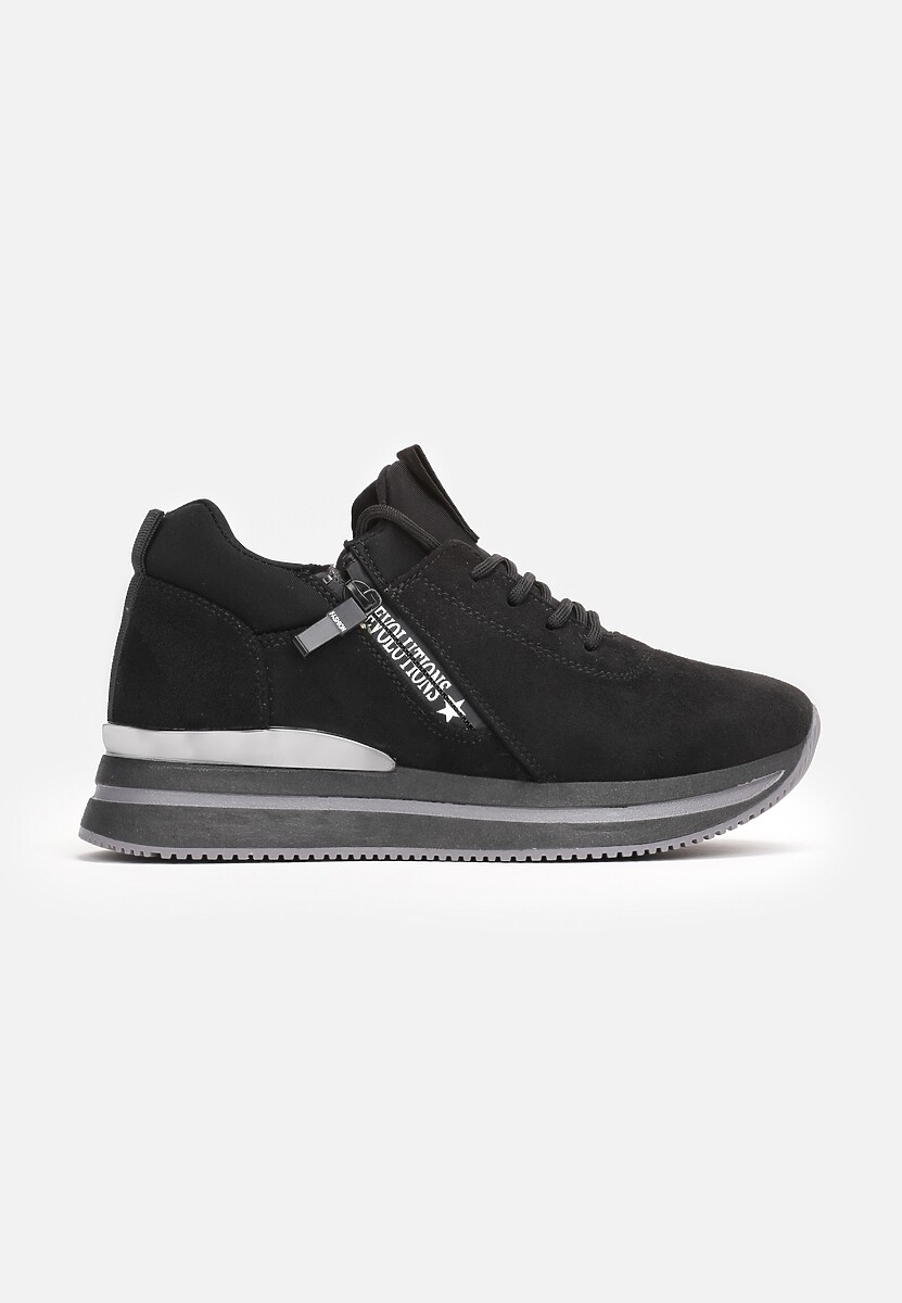 Sneakerși Negri Înnodați cu Fermoar și Inserție Metalică pe Talpă Joasă Foleen 3
