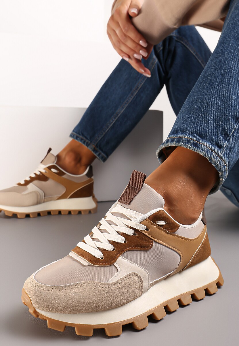 Ciemnobeżowe Sneakersy przed Kostkę na Grubej Podeszwie Erianeh 1