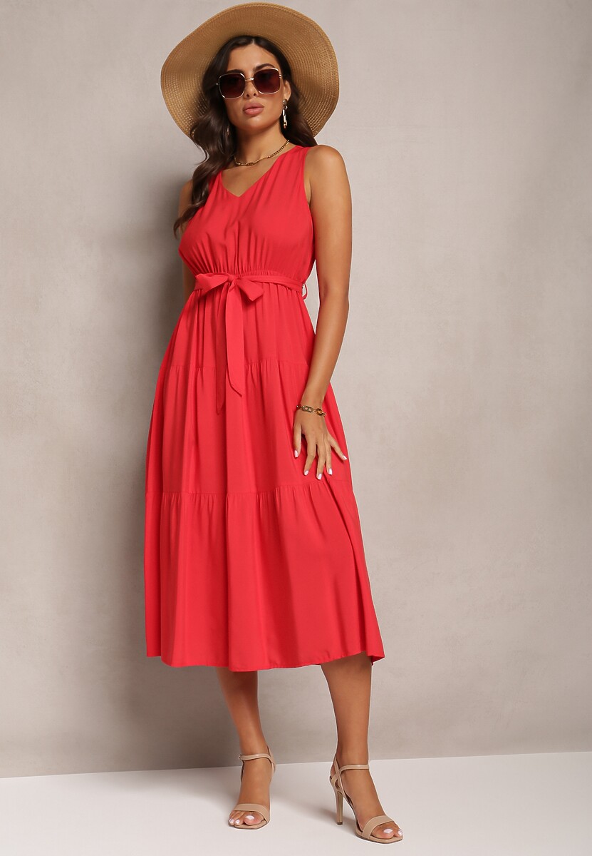 Rochie Midi Roșie Fără Mâneci cu Elastic în Talie Mideyo 2