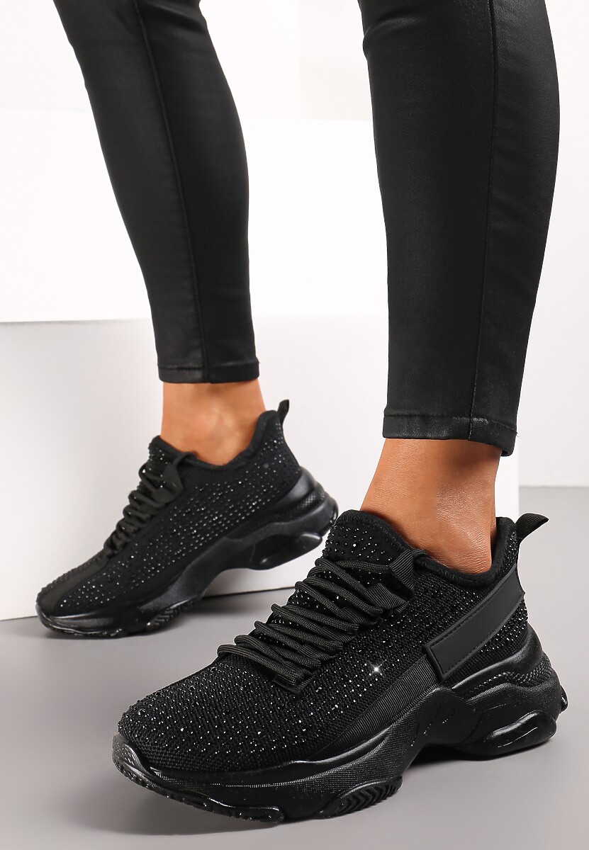 Czarne Sznurowane Sneakersy z Ozdobnymi Cyrkoniami na Płaskiej Grubej Podeszwie Imria 1