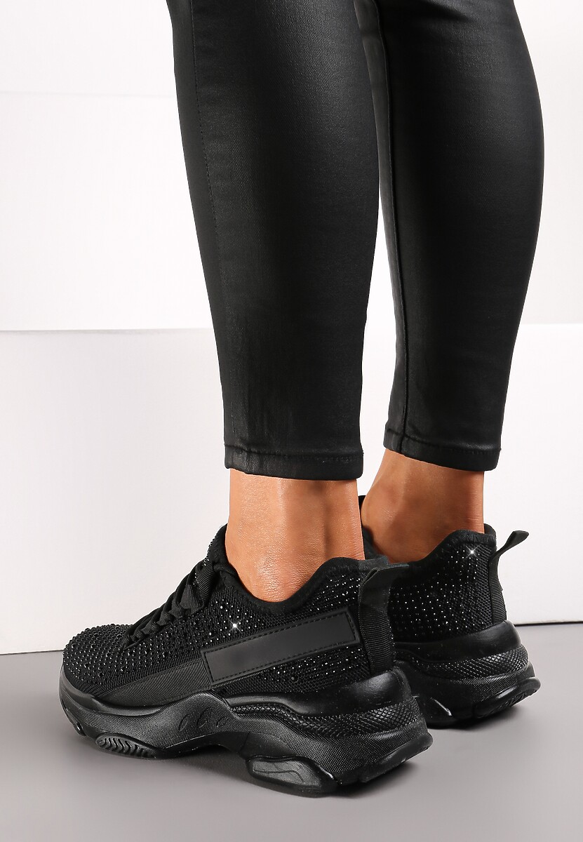 Czarne Sznurowane Sneakersy z Ozdobnymi Cyrkoniami na Płaskiej Grubej Podeszwie Imria 2