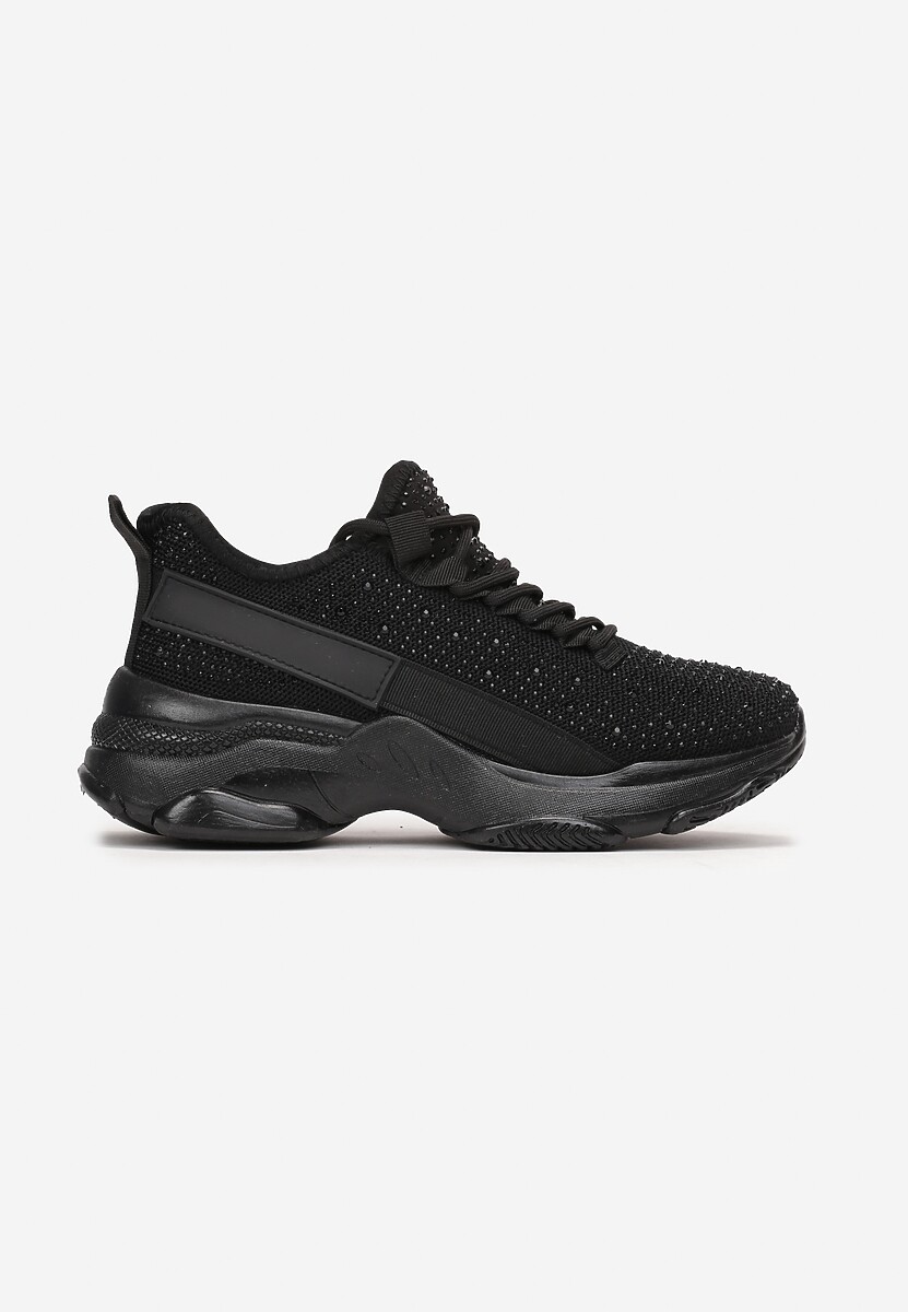 Czarne Sznurowane Sneakersy z Ozdobnymi Cyrkoniami na Płaskiej Grubej Podeszwie Imria 3