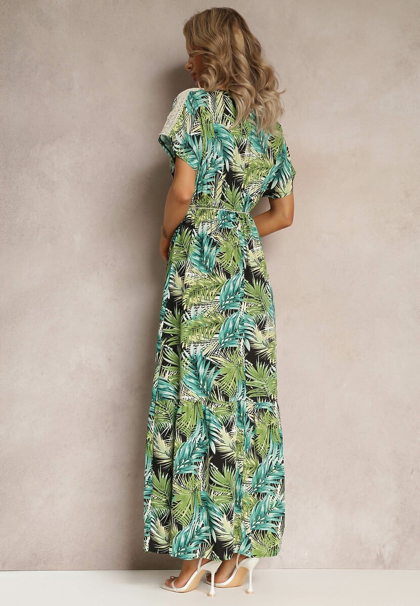 Rochie Maxi Verde-Negru din Viscoză cu Imprimeu Floral și Șnur în Talie Anukka 3
