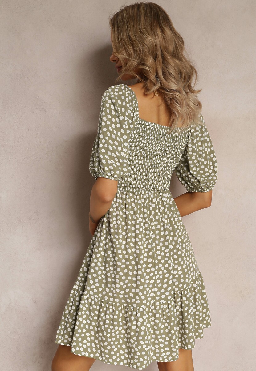 Rochie mini verde cloș cu buline din viscoză cu volan Aulian 3