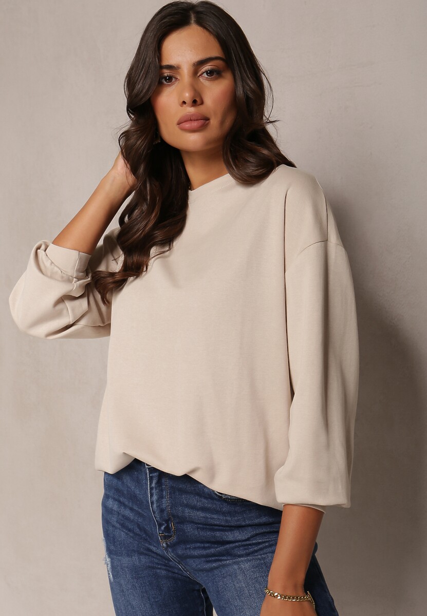 Beżowa Bawełniana Bluza o Fasonie Oversize z Długim Rękawem ze Ściągaczem Naytoh 2
