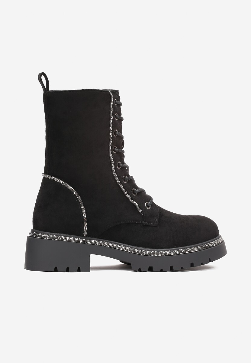 Czarne Sznurowane Botki Workery z Cyrkoniami na Płaskiej Podeszwie Laylyn 3