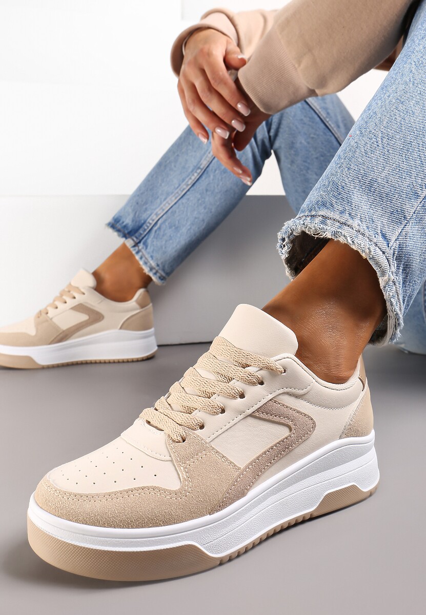 Sneakers bej cu talpă groasă cu șireturi și cusături Mailey 1