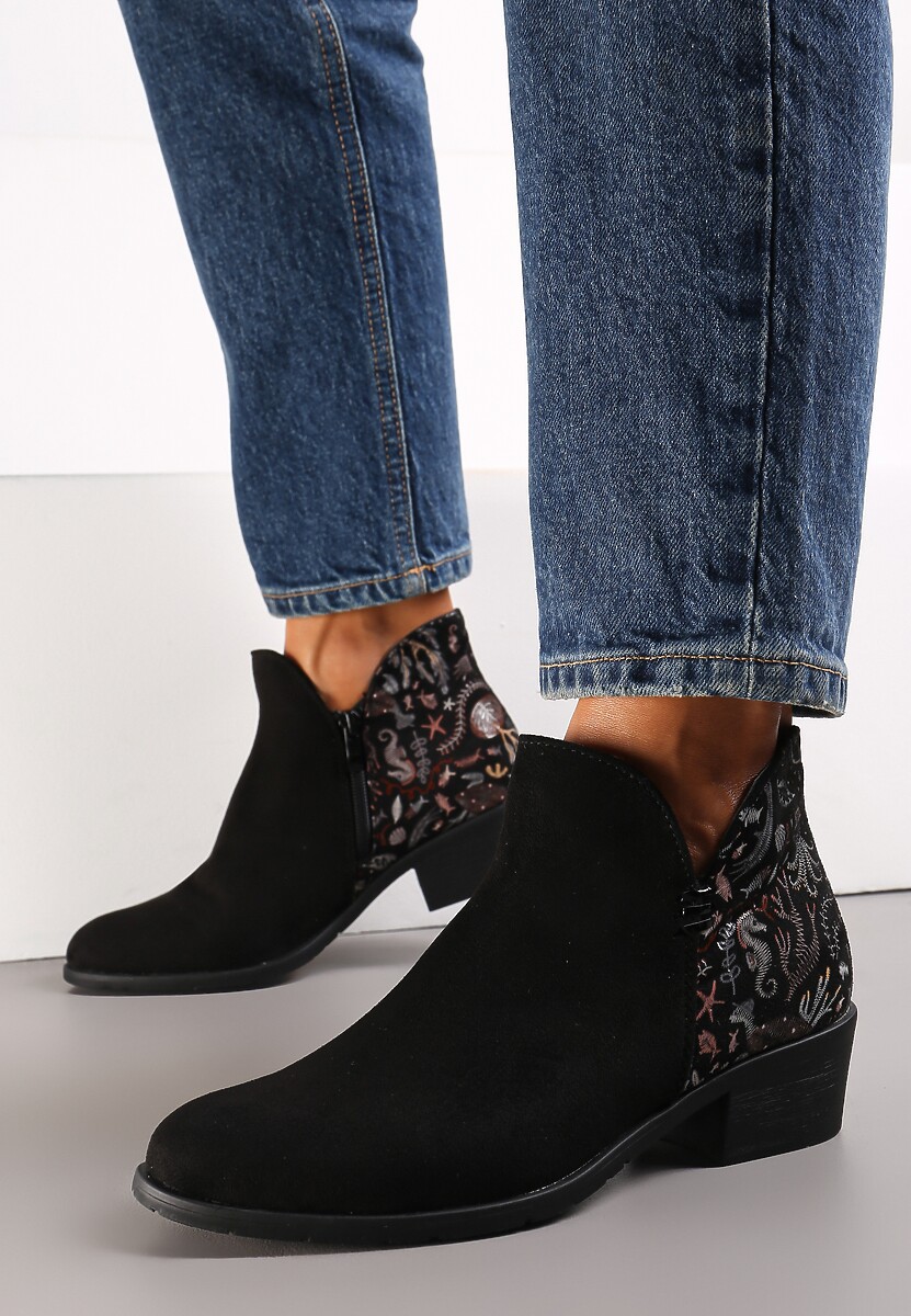 Botine negre stil cowboy cu imprimeu toc mic Kazams 1