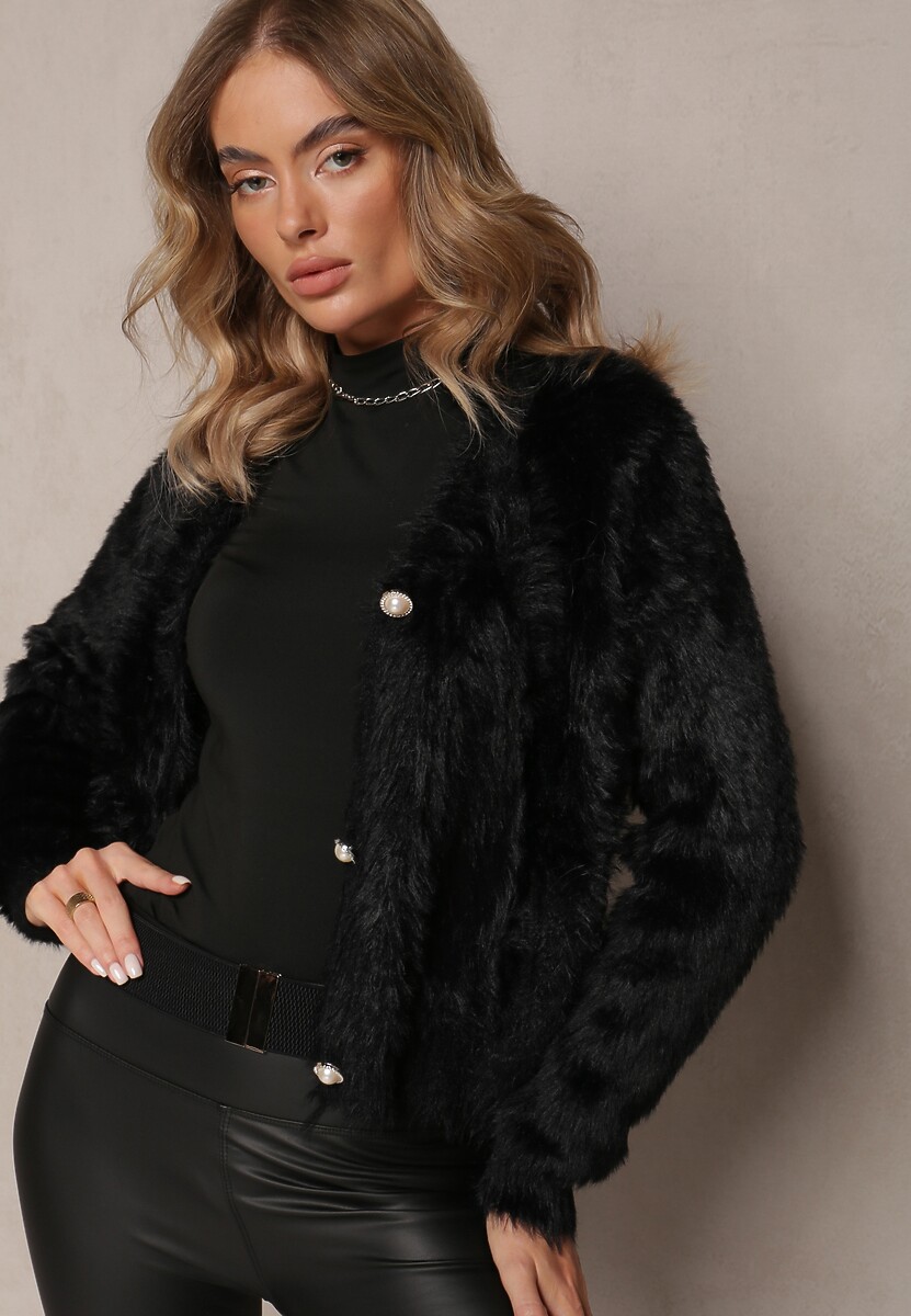 Cardigan Pufoaica Neagră cu Manșete Elastice Încheiată cu Nasturi Ornamentali Olikona 2