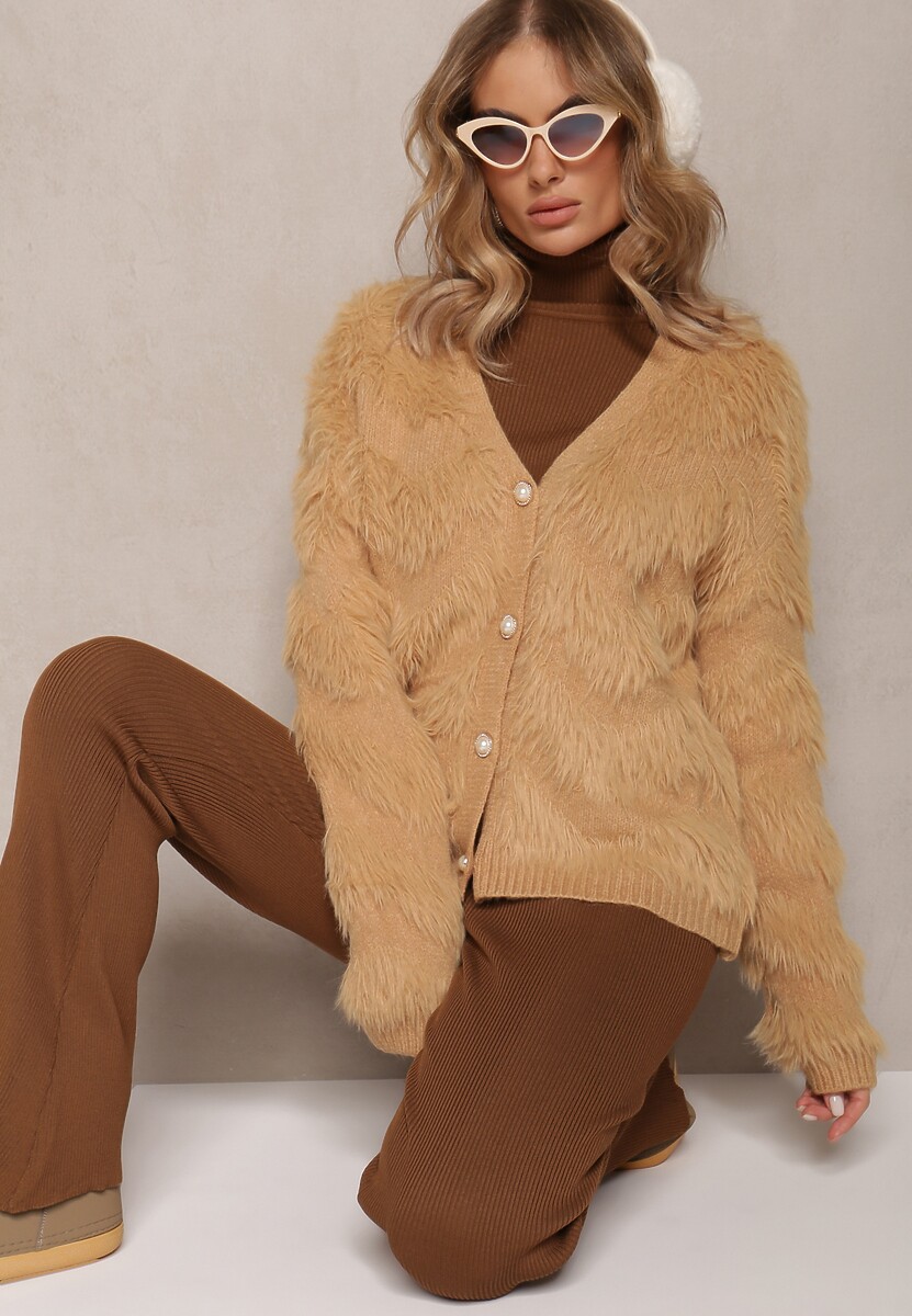 Bej Închis Cardigan Încheiat cu Nasturi din Material Pufos Ralioppe 1