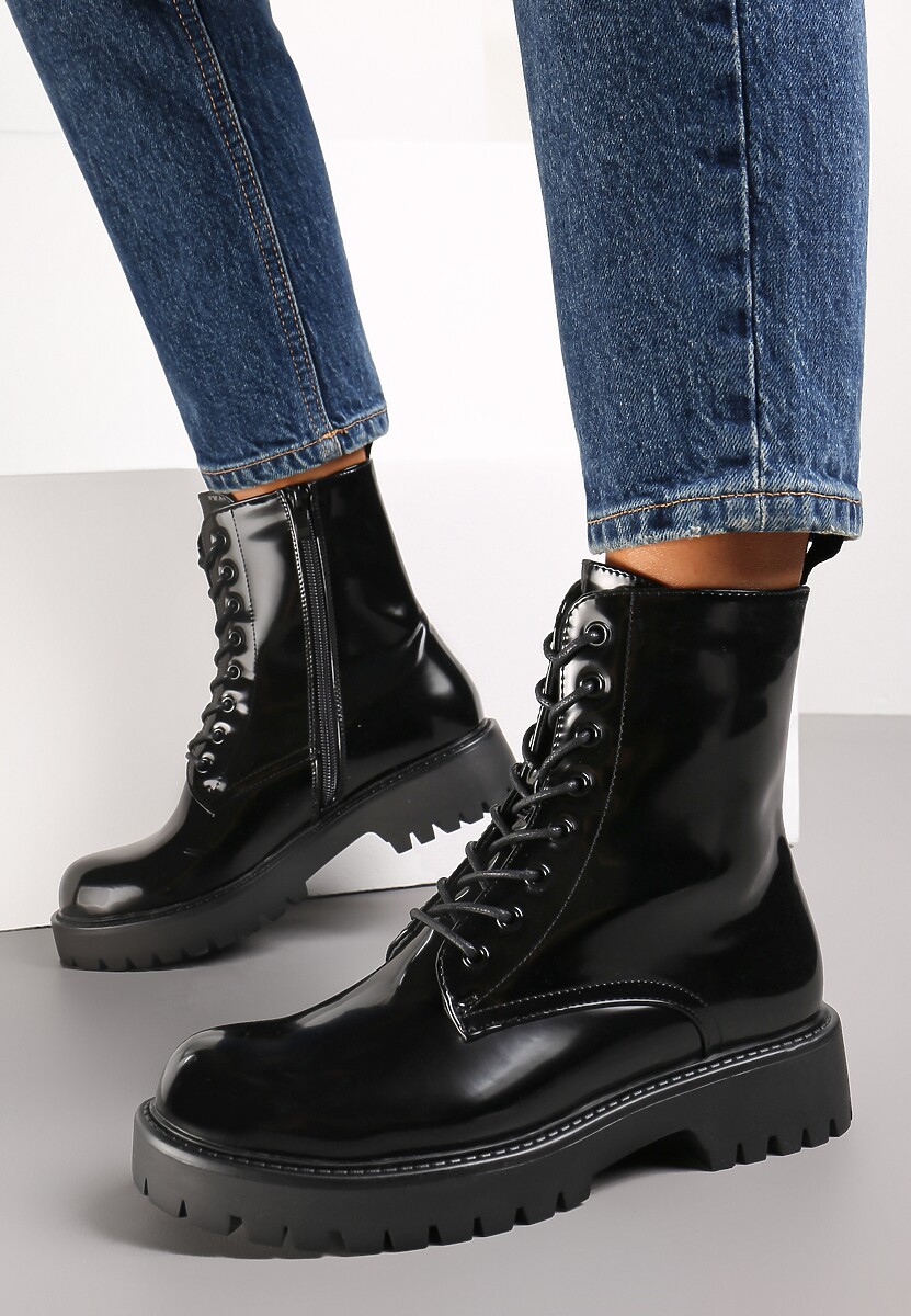 Botine Negre din Piele Ecologică Lacuită cu Șiret Talpă Plată și Protector Huke 2