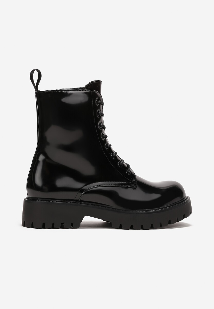 Botine Negre din Piele Ecologică Lacuită cu Șiret Talpă Plată și Protector Huke 3