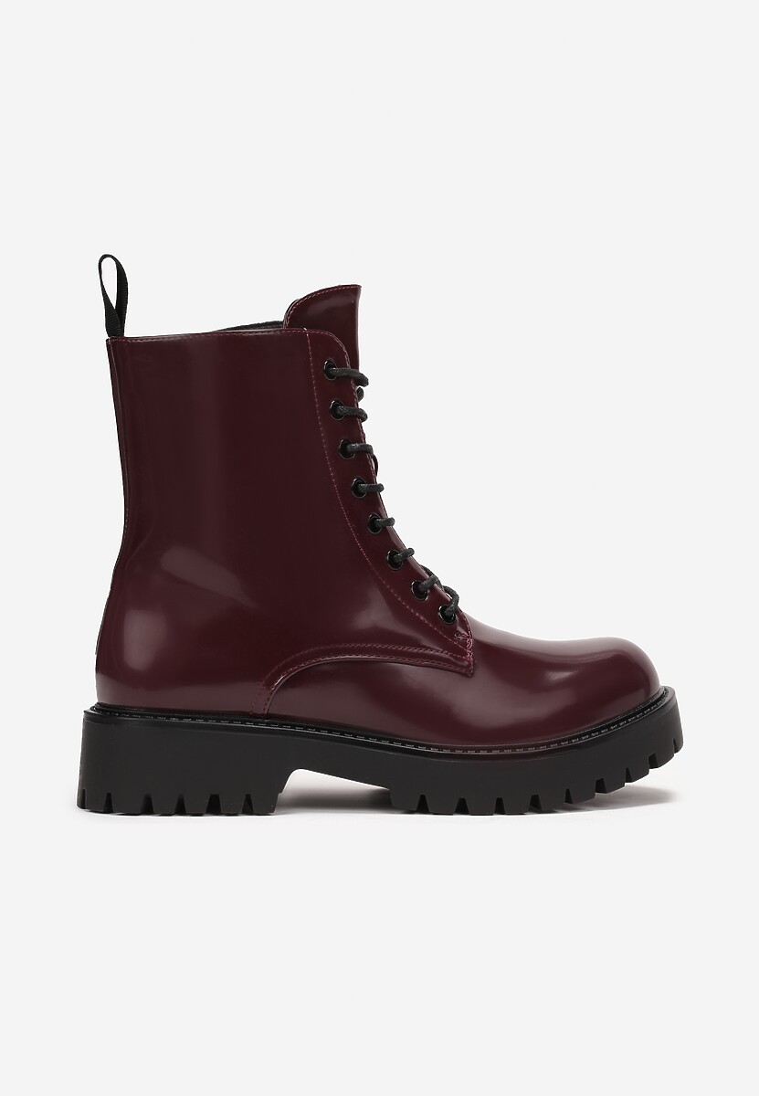 Bordowe Sznurowane Botki z Lakierowanej Ekoskóry na Płaskiej Podeszwie z Protektorem Huke 3
